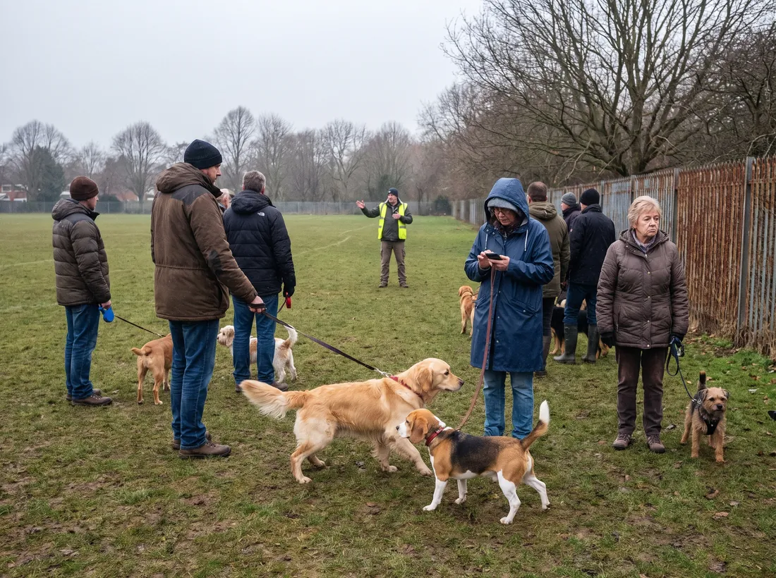 A large outdoor group dog training class with distracted dogs and one instructor