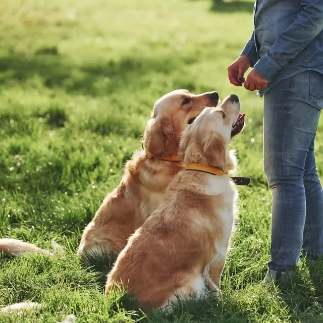 Two retrievers holding a sit-stay during a training session