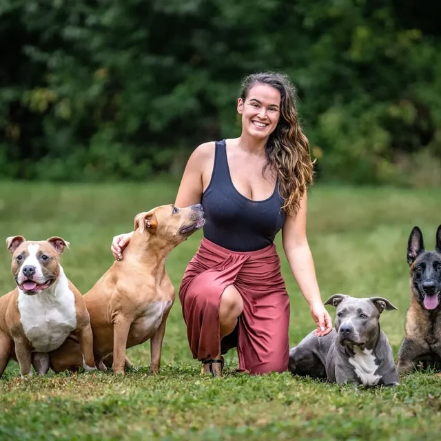 A Purest Canines trainer with a group of trained dogs